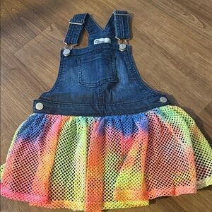 Denim Overall Dress with Rainbow Mesh Skirt